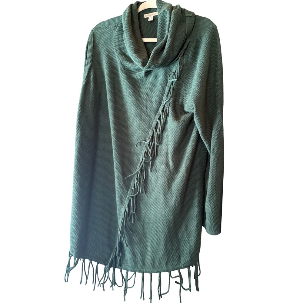 Croft & Barrow Womens 1X Cowl Neck Fringe Sweater Green Acrylic